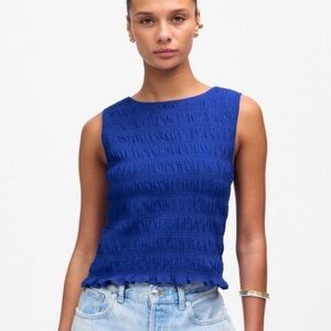 NEW‎ MADEWELL Smocked Boatneck Tank in Blue Cotton Linen Blend Size XS